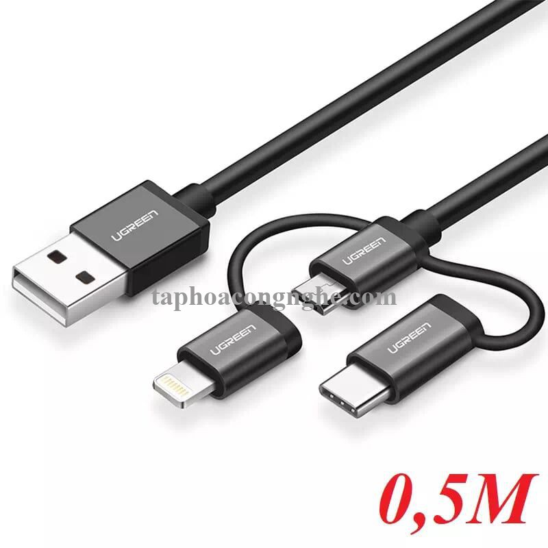 Ugreen 30783 0.5M màu Đen Cáp sạc đa năng USB sang TypeC + Micro + Lightning US186 30030783